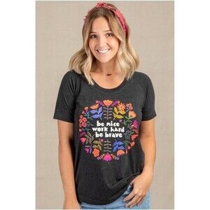 Natural Life Large Be Nice Work Hard Be Brave Graphic Tee Charcoal Gray Boho